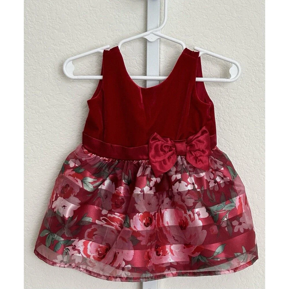 The‎ Childrens Place Red Green Pink Floral Holiday Dress  6-9 M